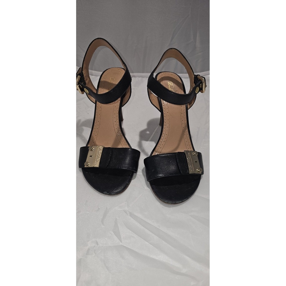 Brooks Brothers Black Leather Ankle Strap Heels Sz‎ 6 Gold Plate Sandals